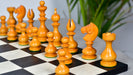 Full 34 piece Antique Dublin Calvert chess pieces in ebonised and antiqued boxwood, Sterling Chess Australia