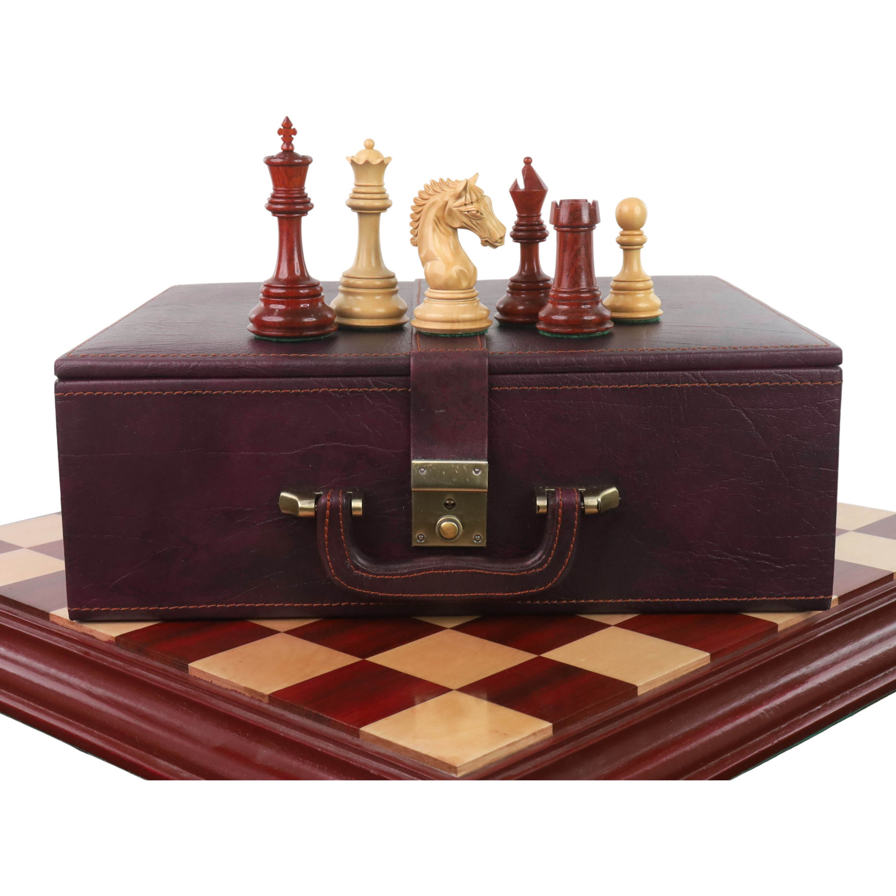Tilted Knight Staunton chess pieces in bud rosewood, 109mm king