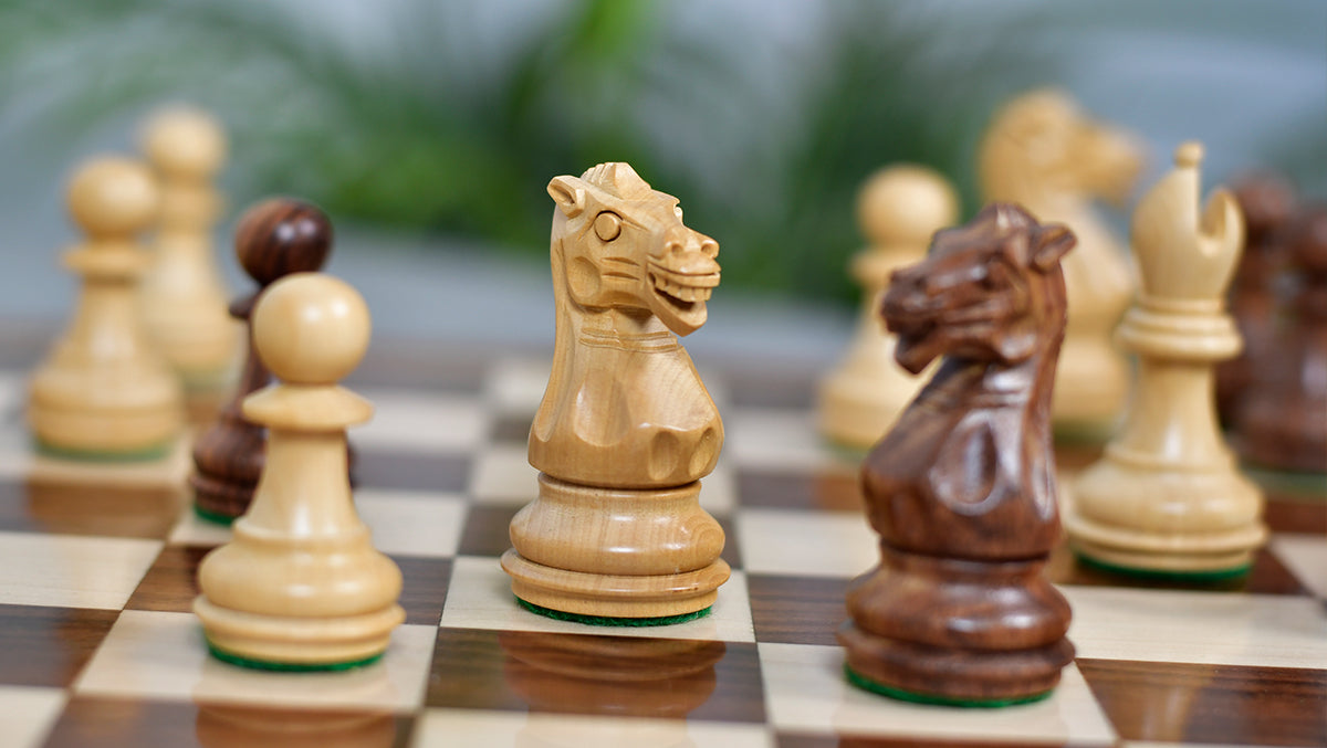 Full 34 piece Laughing Knight chess pieces in sheesham and boxwood, Sterling Chess Australia