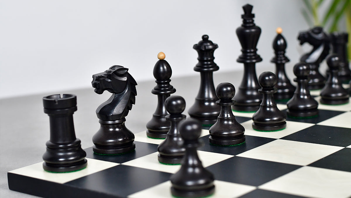 Knight carving detail on the 1950s Bohemia German chess pieces in ebonised and natural boxwood