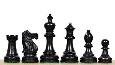 Ebonised and natural boxwood American Staunton chess pieces, 106mm king