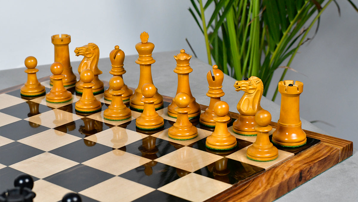 Genuine ebony chess pieces with a 96mm king and weighted felted bases