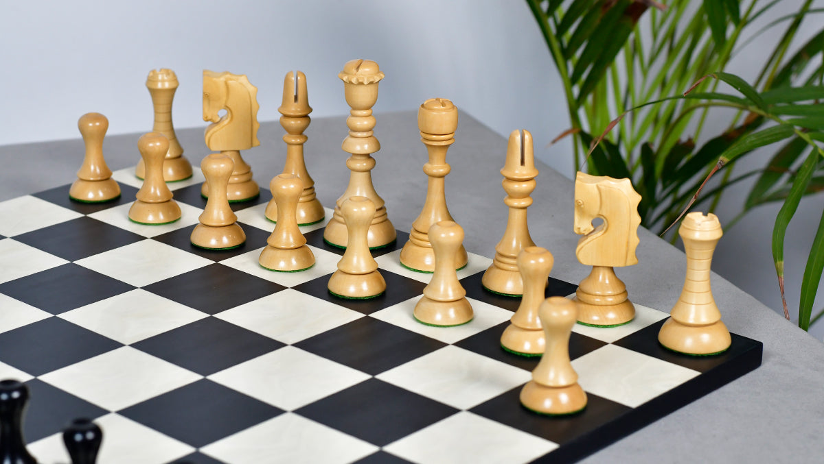 Full 34 piece 1929 Barcelona Joc Catalan chess pieces in genuine ebony and boxwood, Sterling Chess Australia