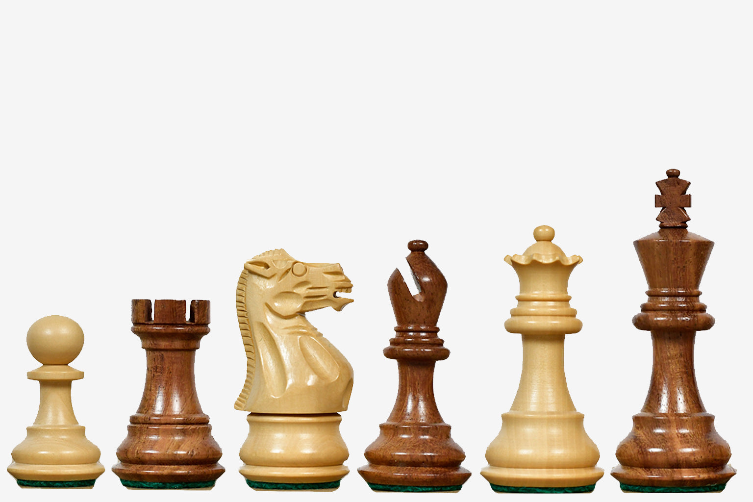 Stallion weighted Staunton chess pieces in sheesham and boxwood, 76mm king