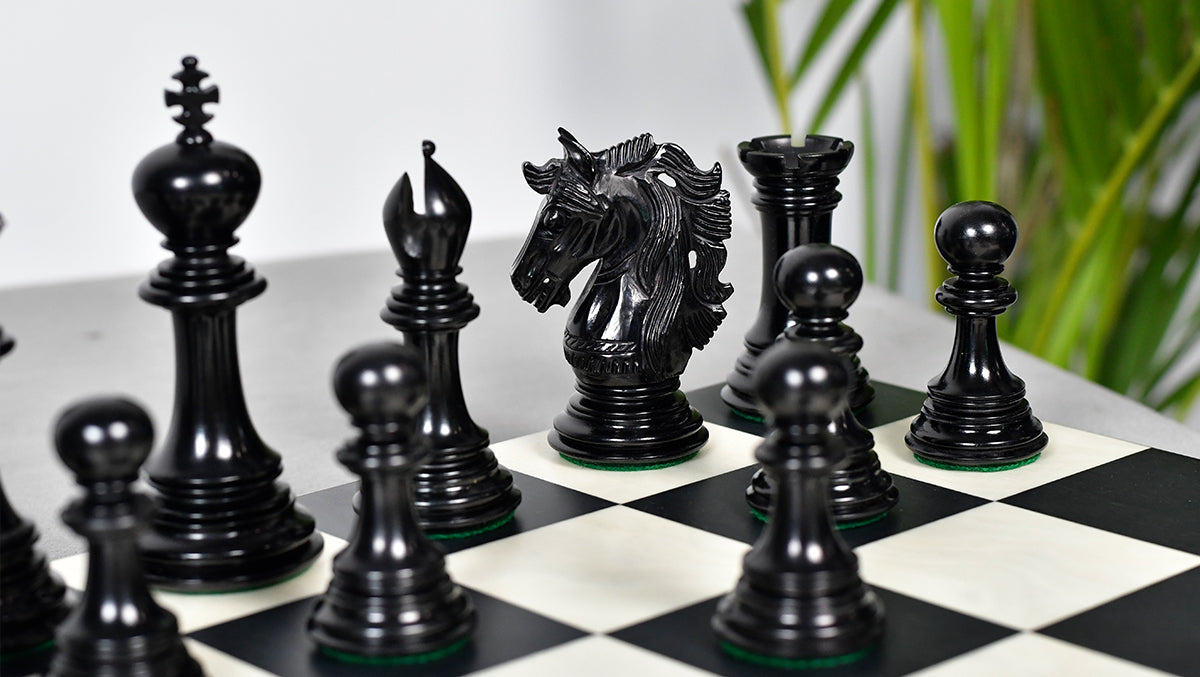 Knight carving detail on the Crown Heritage Series chess pieces in ebony and natural boxwood