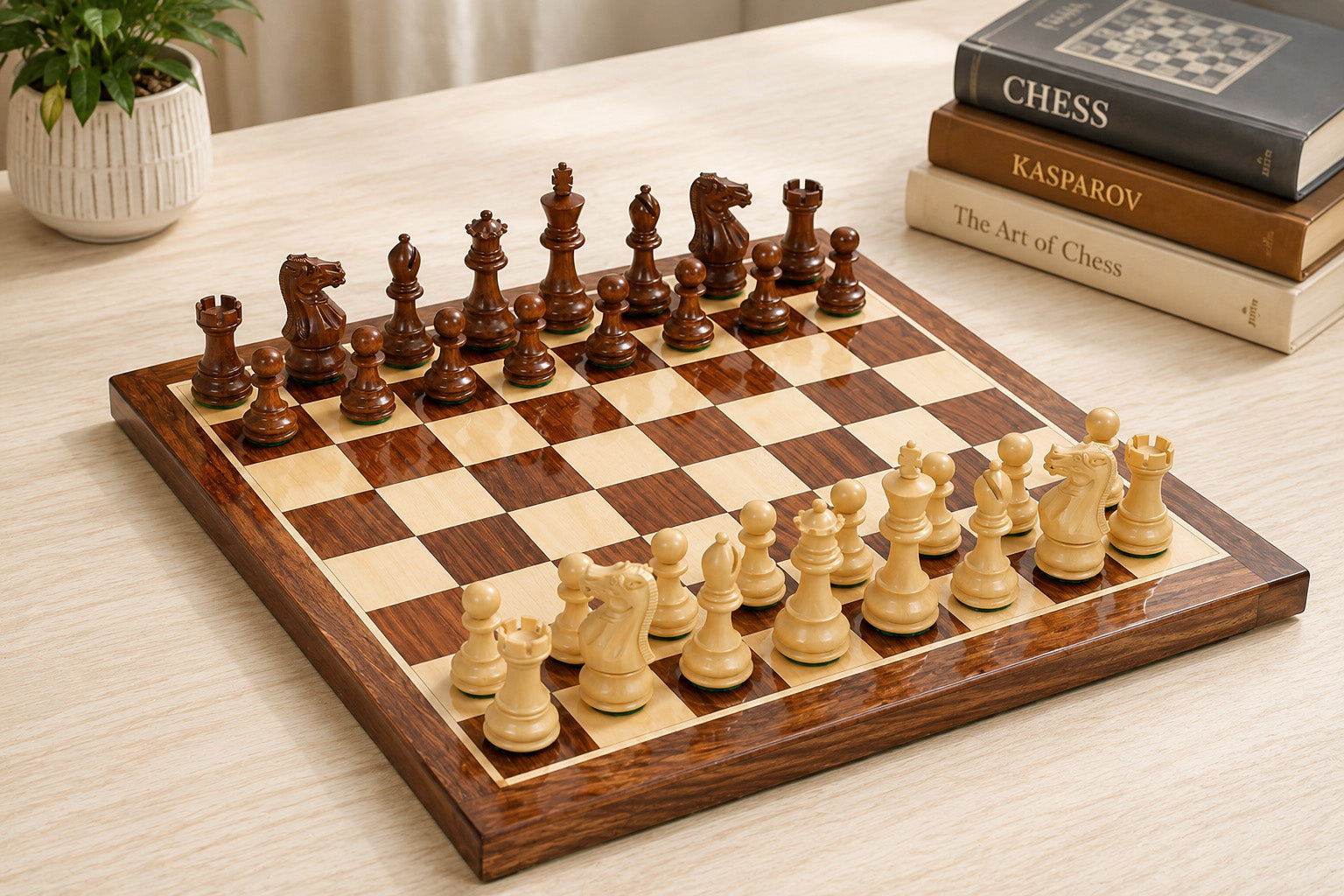 Boxwood and sheesham Staunton chess pieces, 3 inch king, Sterling Chess Australia
