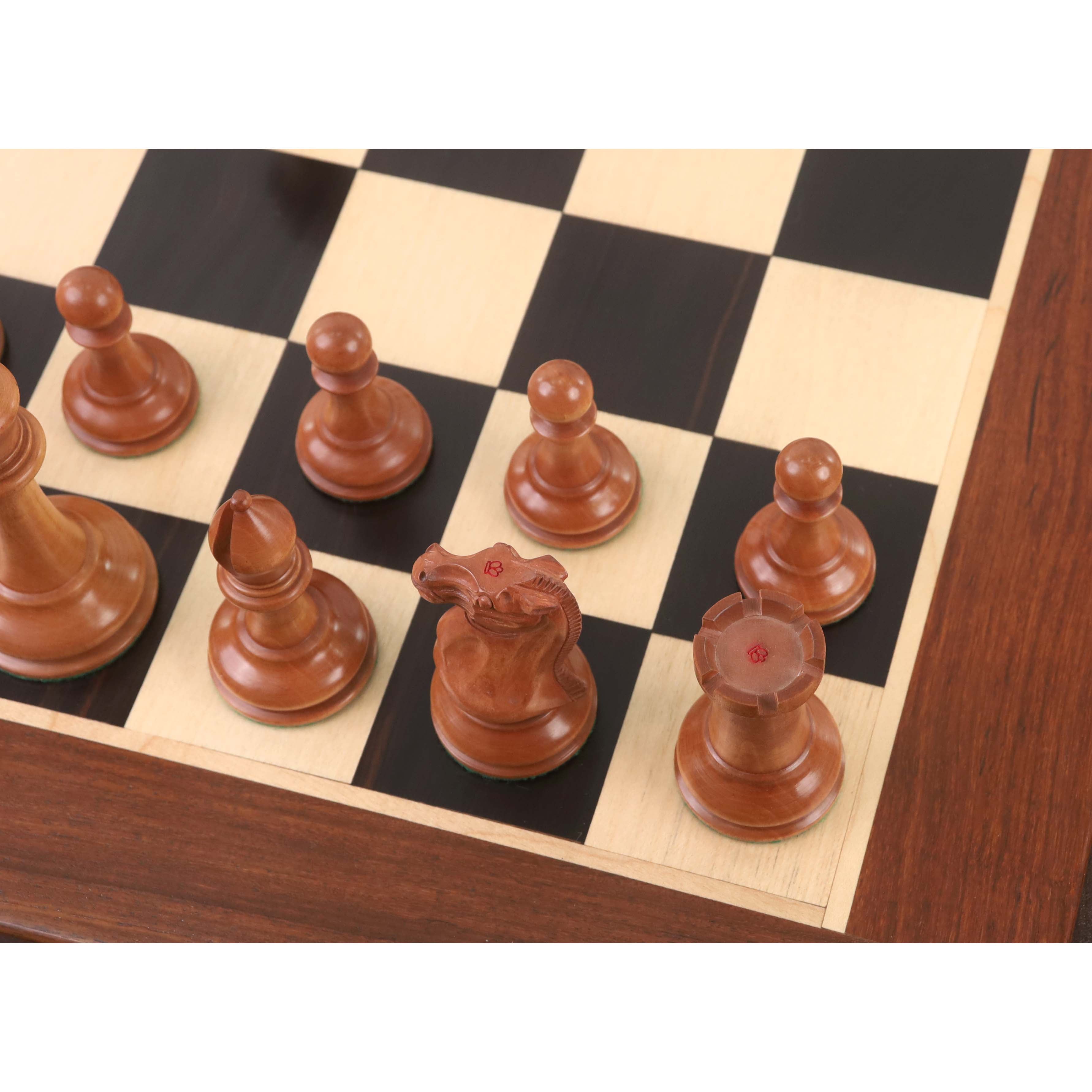 Antiqued boxwood 1849 Cooke Type Staunton pieces seen from above