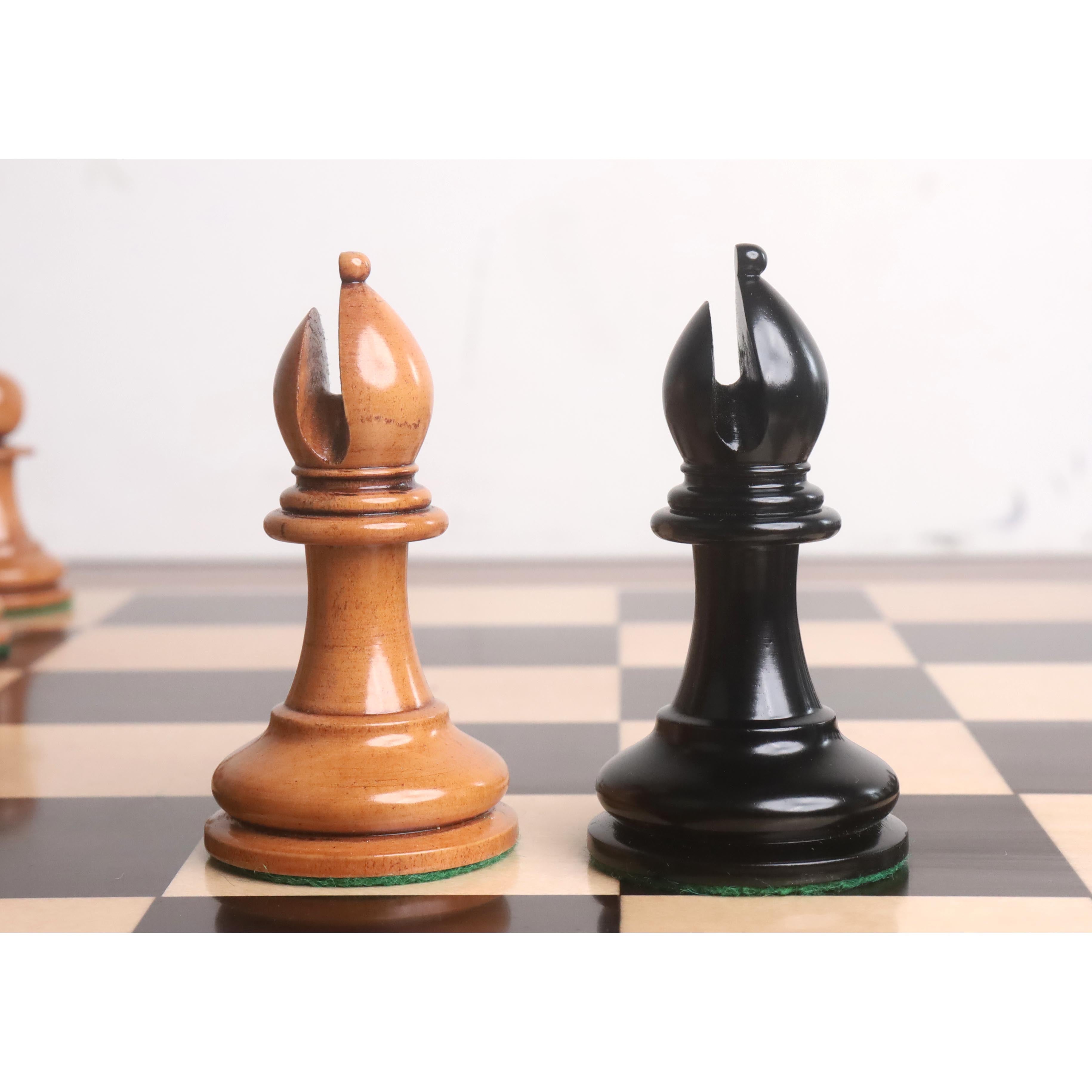Ebony and distress antiqued boxwood bishops from the 1849 Original Staunton pattern
