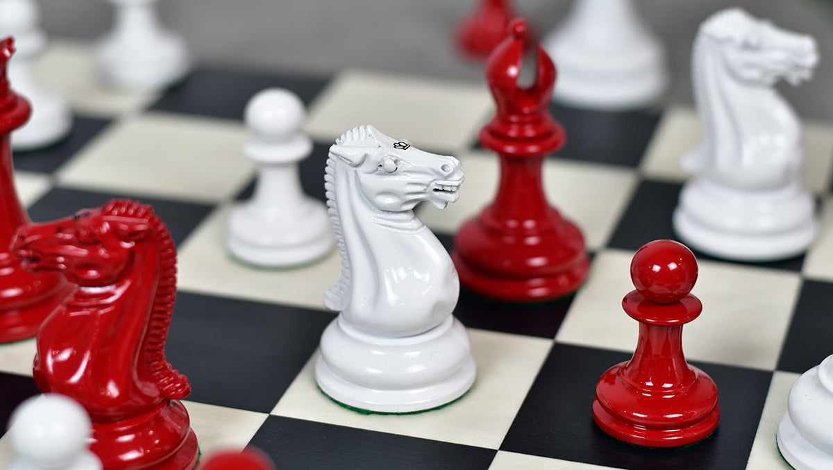 1849 Original Staunton wooden chess pieces, 115mm king, painted crimson finish