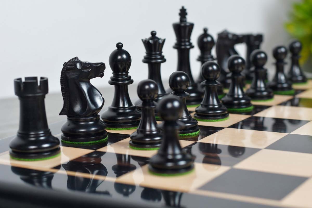 1972 Fischer Spassky chess set, 53cm board, ebonised and antiqued boxwood, hand carved in India
