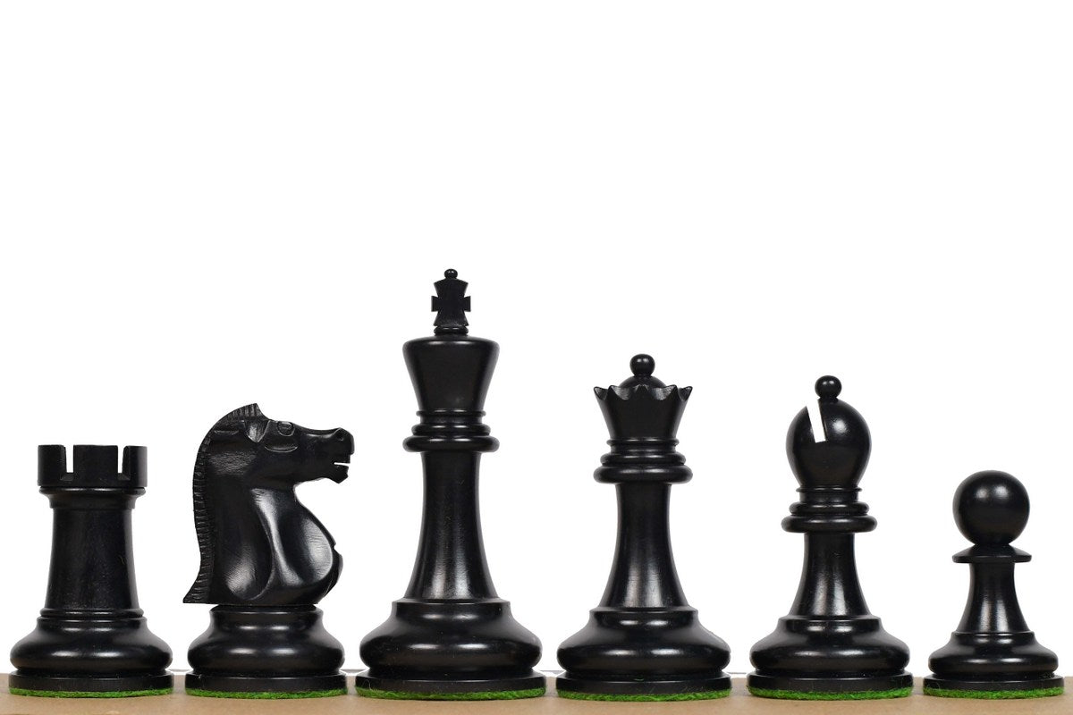 1972 Fischer Spassky chess pieces in ebonised and natural boxwood, 96mm king