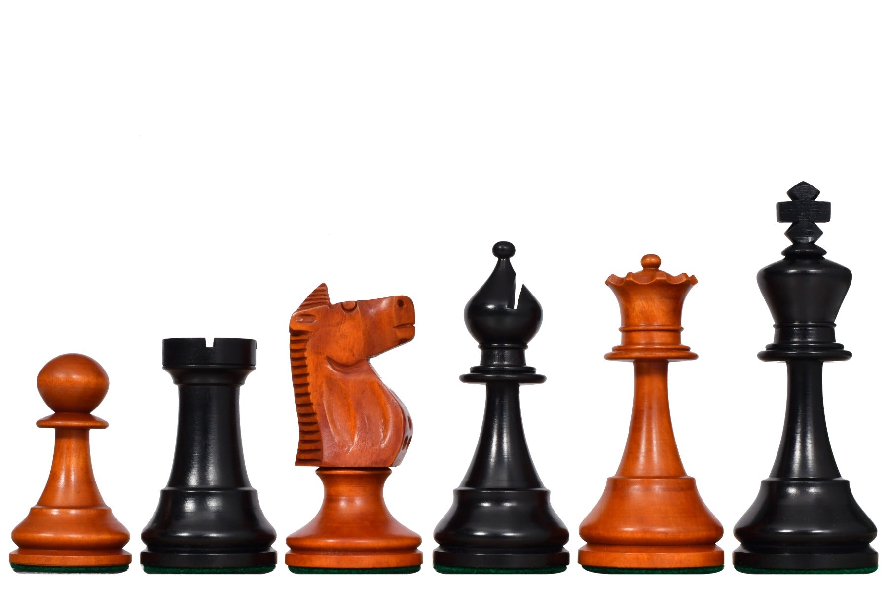 Sterling Chess 1973 Philippines Tournament chess pieces in ebonised and distressed antique boxwood, 106mm king