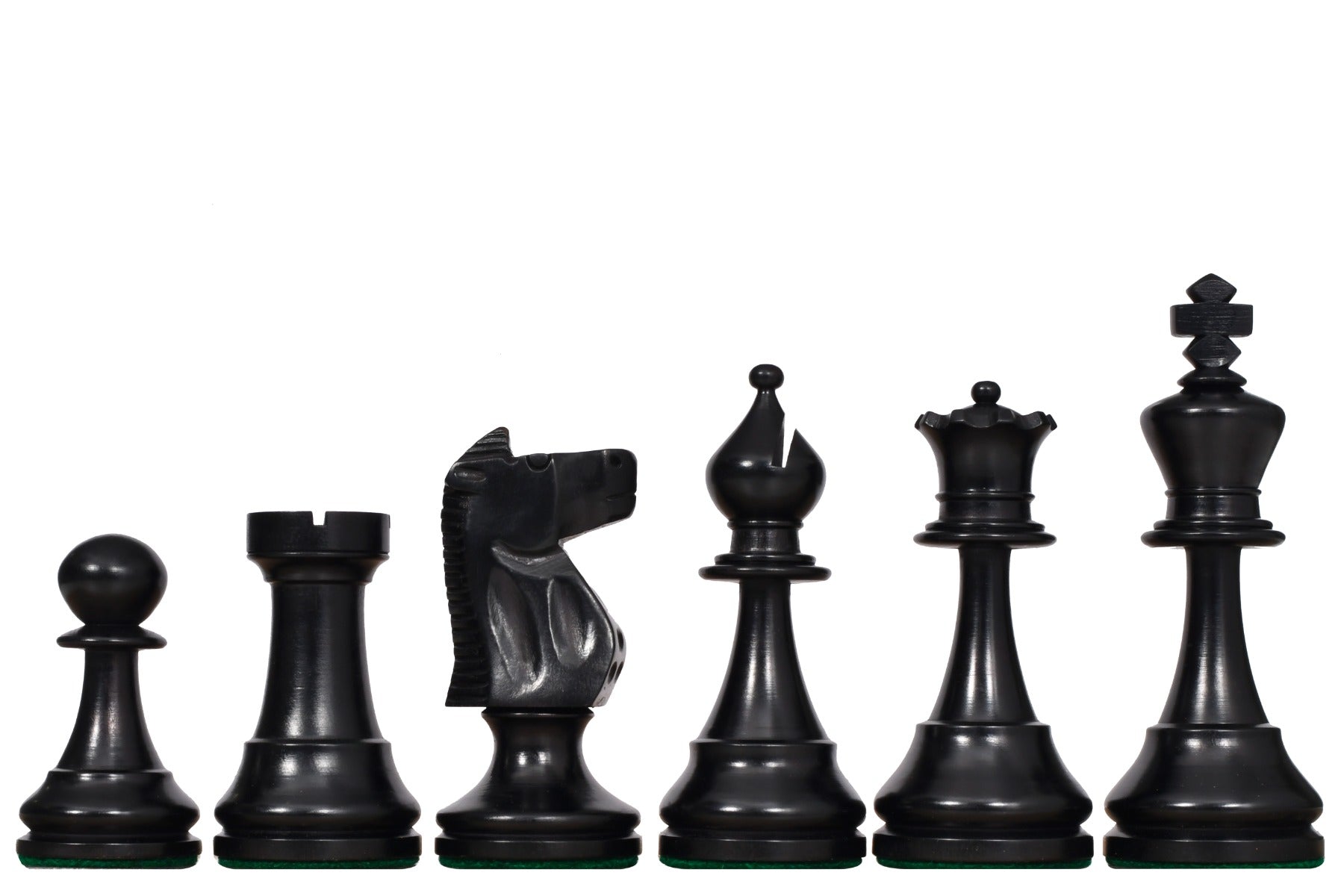 Ebonised chess pieces with a 106mm king and weighted felted bases