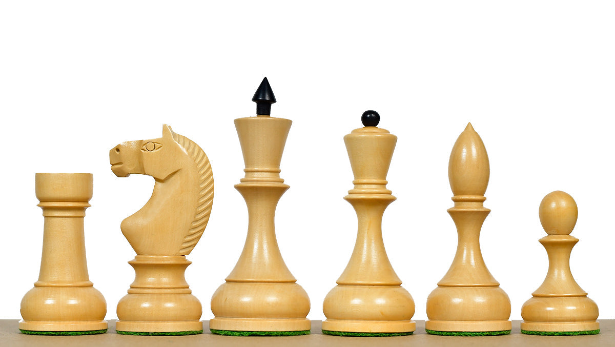 Leningrad Schoolboy reproduction chess pieces in ebonised boxwood, 106mm king height