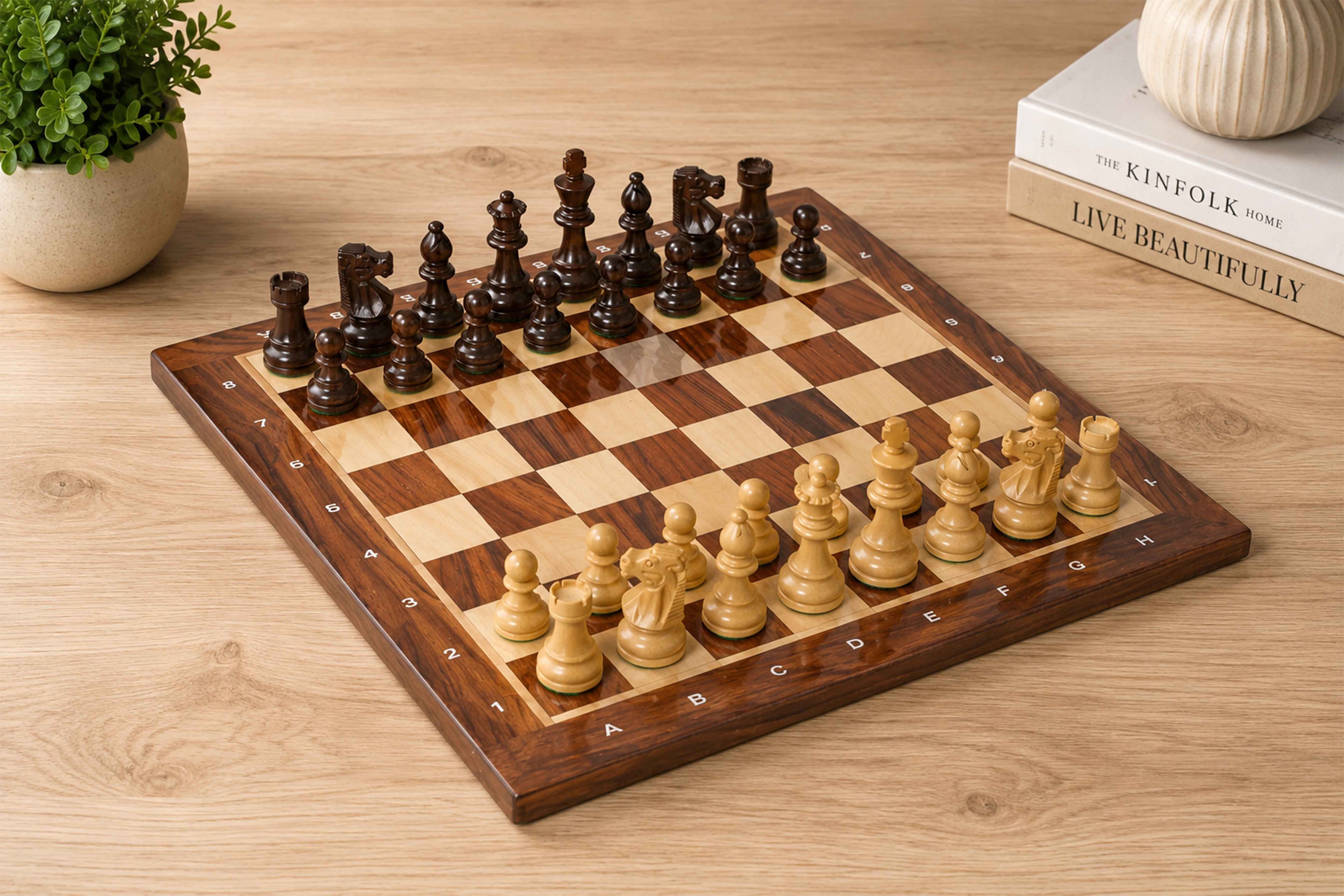 Sterling Chess French Lardy Compact chess set in sheesham and boxwood, 76mm king