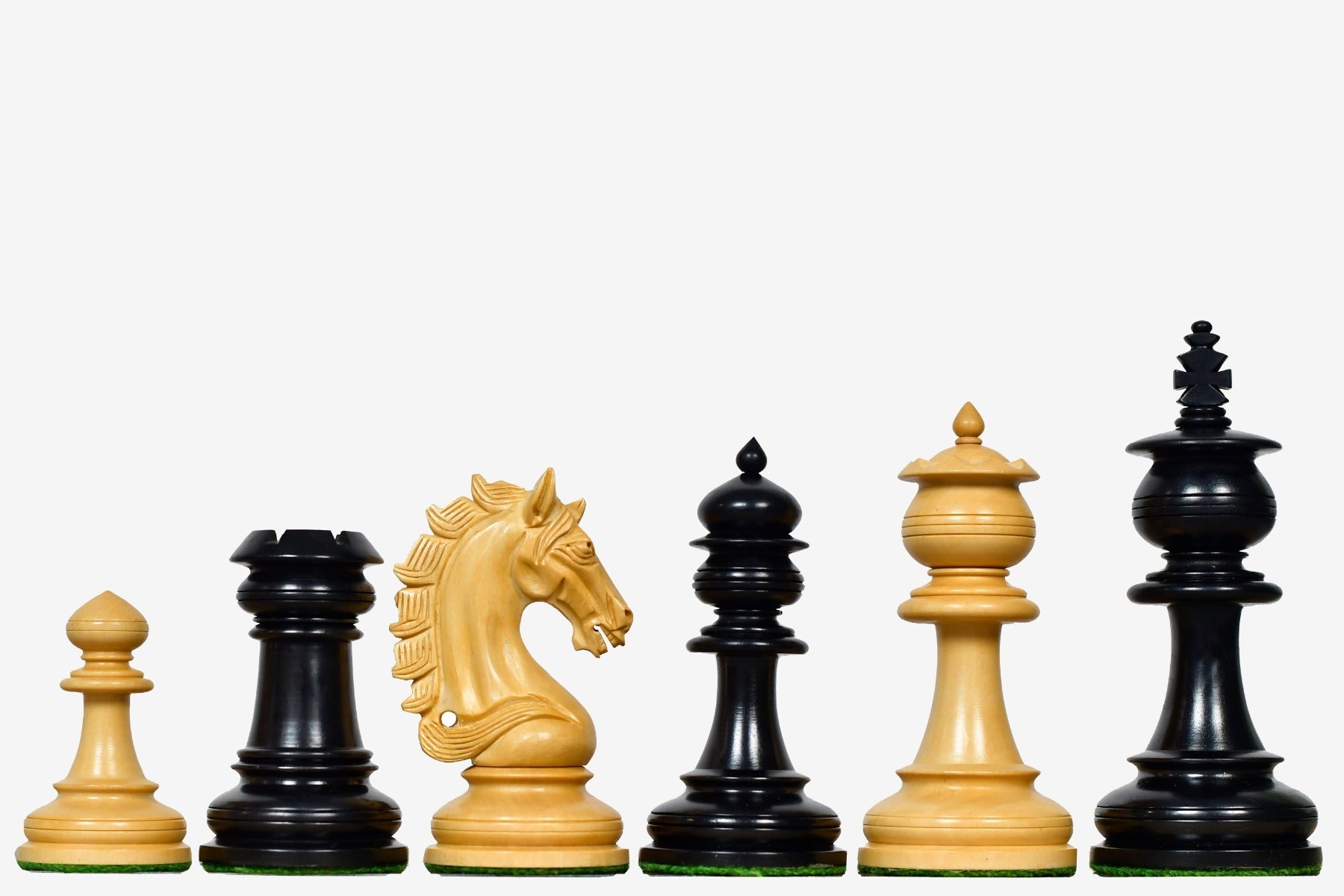 Sterling Chess Artisan Knight chess pieces in ebony and natural boxwood, 114mm king