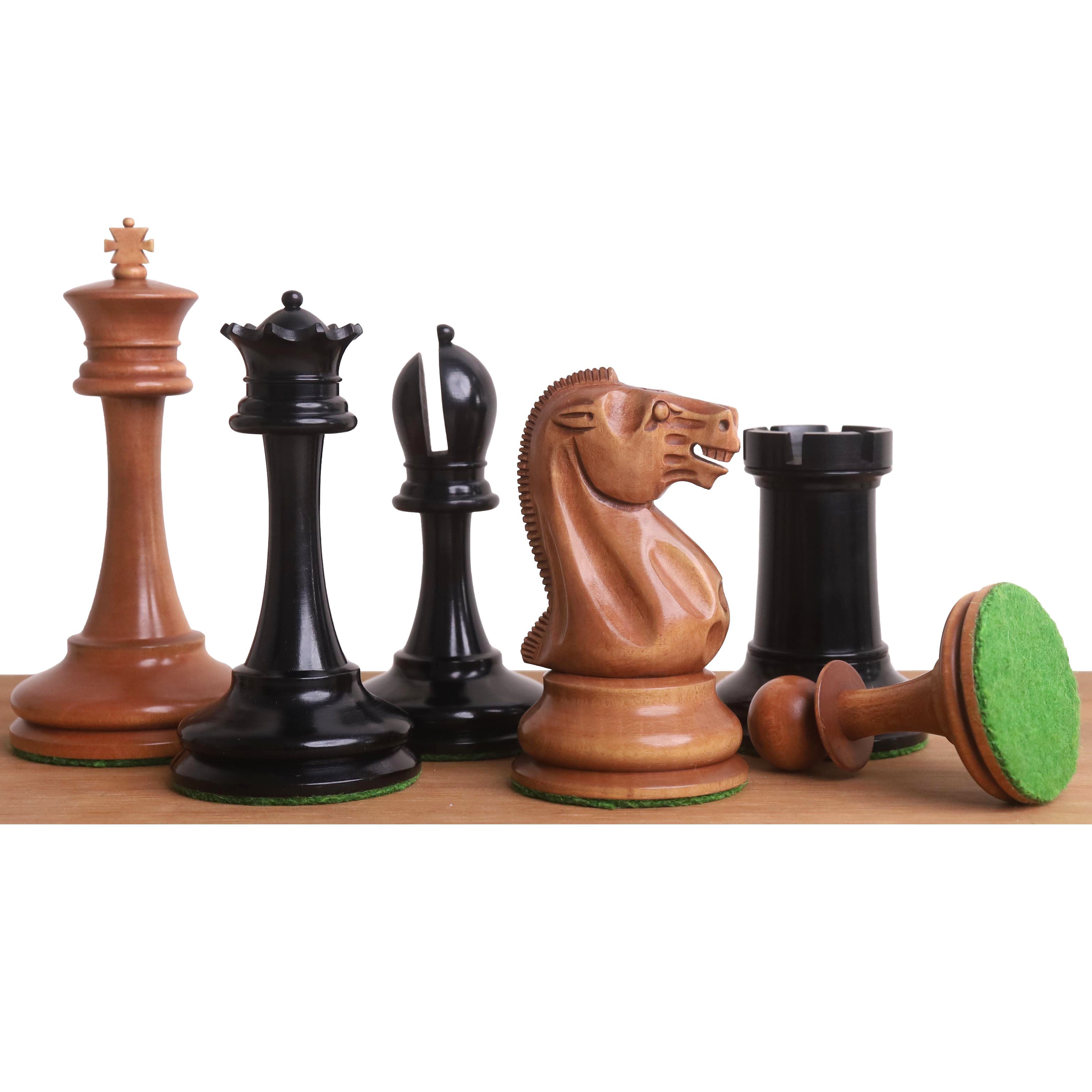 Ebony & Antiqued Boxwood chessmen with a 107mm king