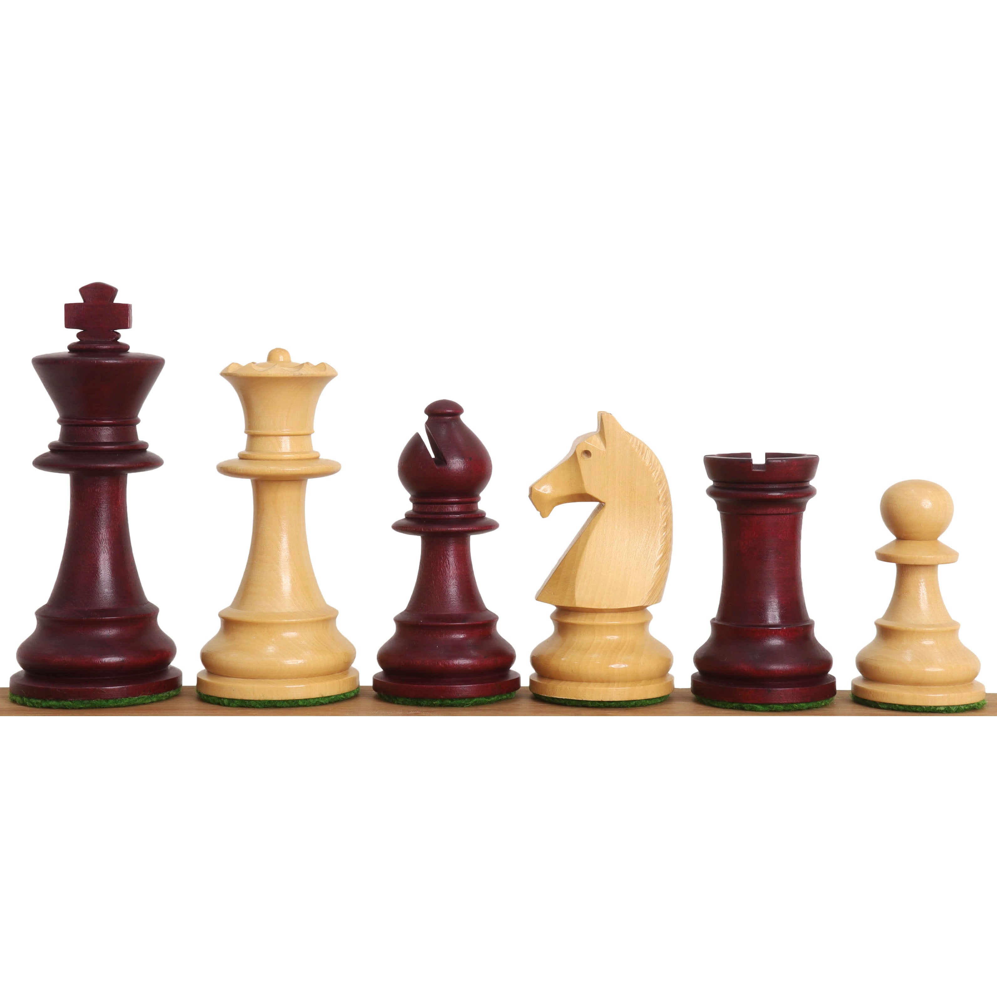 Mahogany Stained Boxwood and Boxwood chessmen, 100mm king on a 41mm base