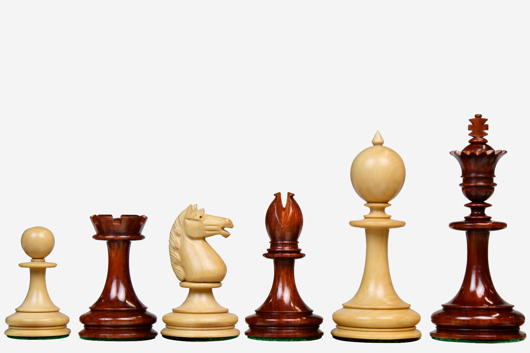 Sterling Chess William Hamlett chess pieces in bud rosewood and boxwood, 91mm king