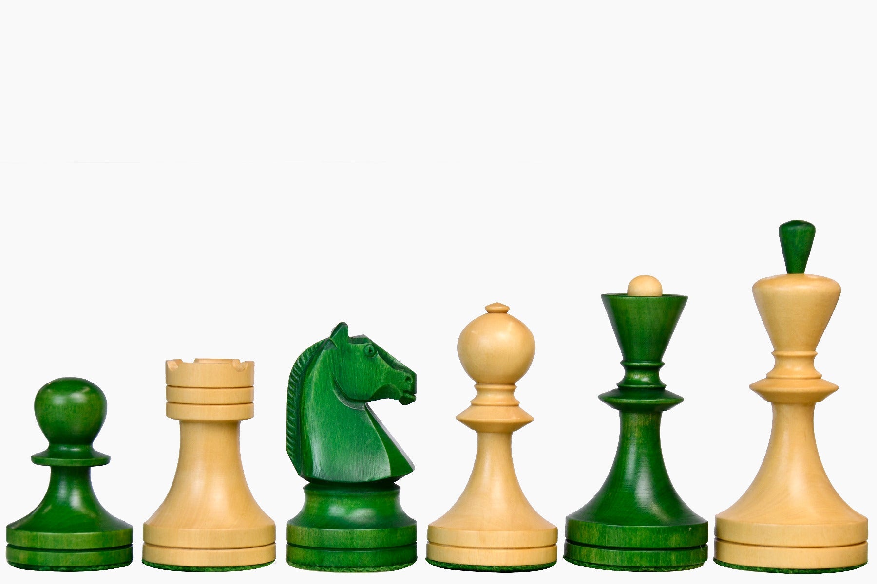 Sterling Chess Soviet Era chess pieces in stained green ash burl and boxwood, 95mm king