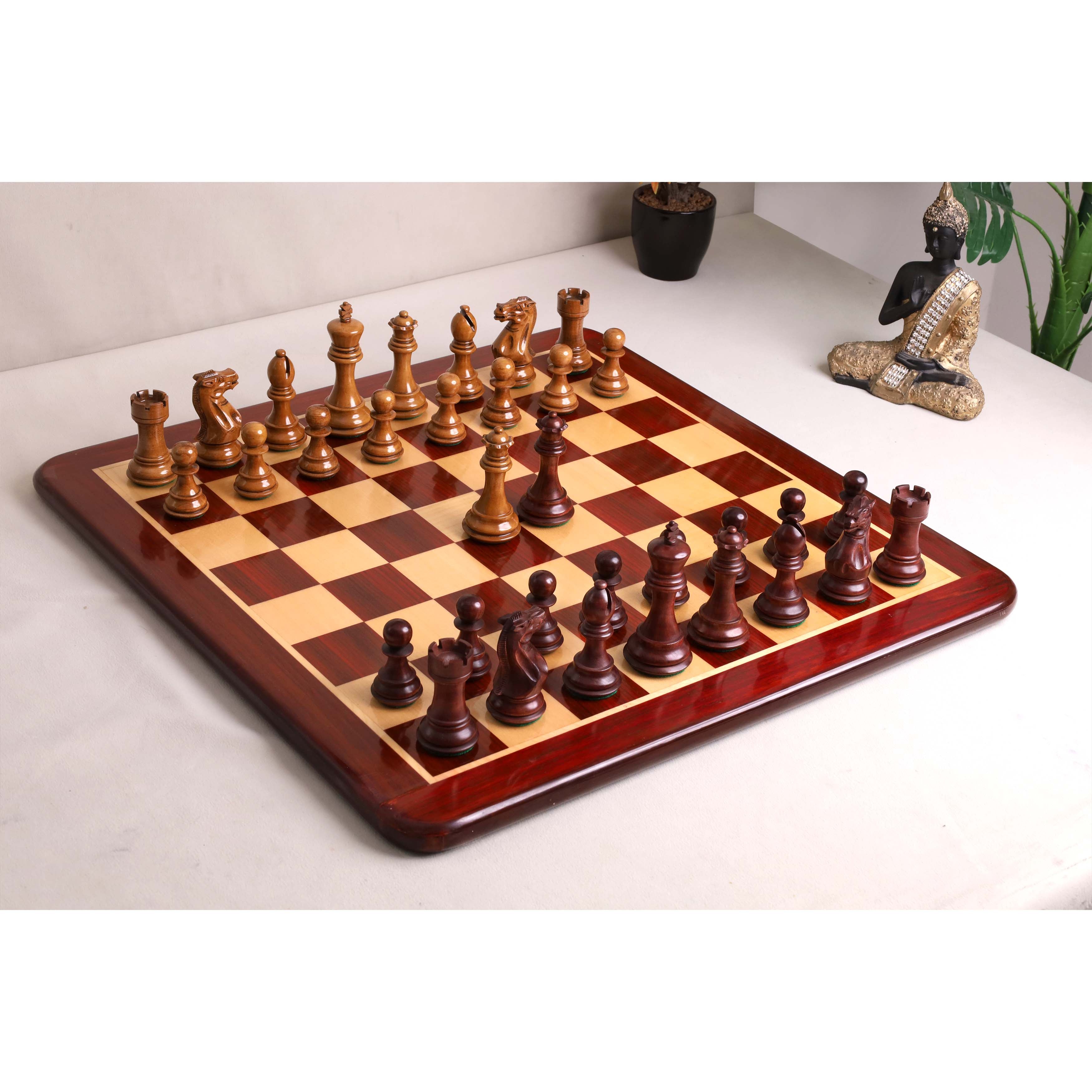 Mahogany Stained Boxwood and Distress Antiqued Boxwood chessmen, 105mm king