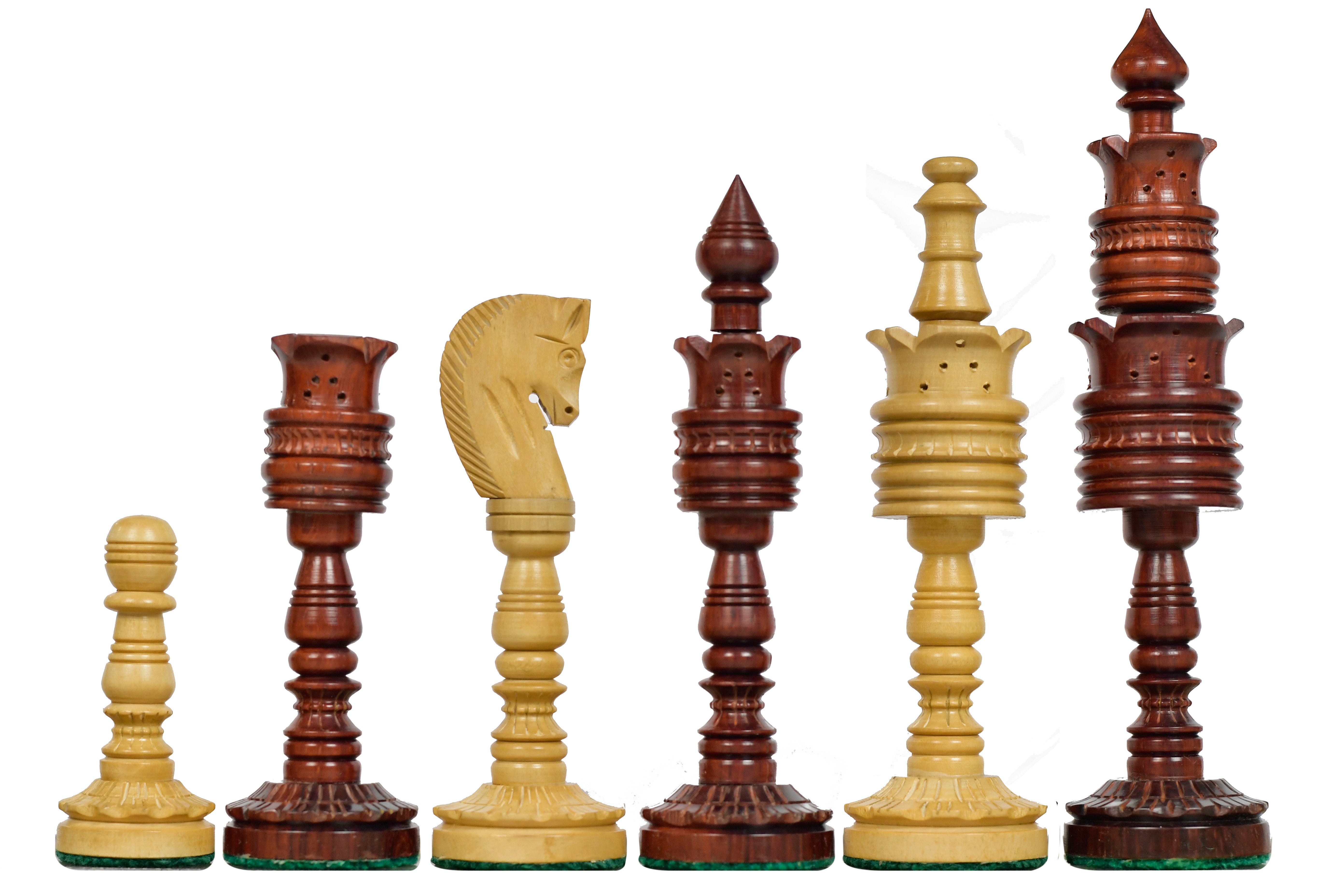 Lotus Series pipe shaped bud rosewood and boxwood chess pieces, 156mm king