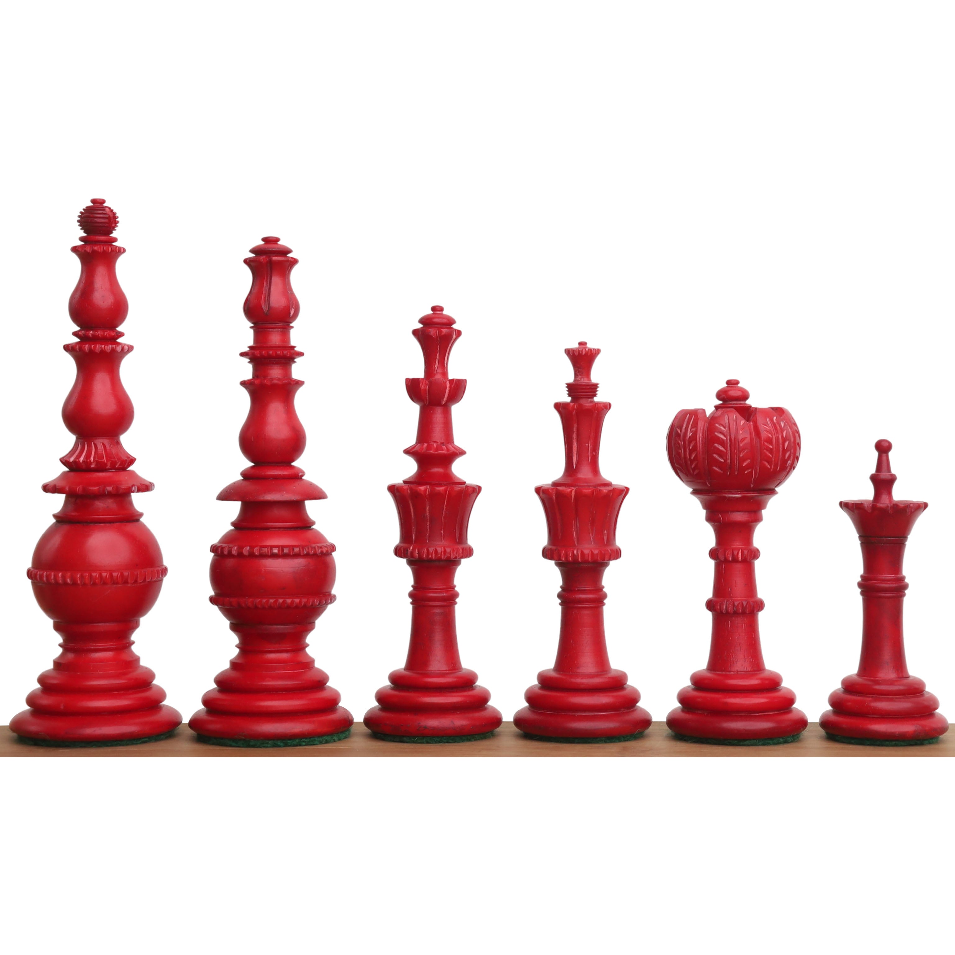 Turkish Tower Pre-Staunton chess pieces in crimson & white camel bone, 118mm king