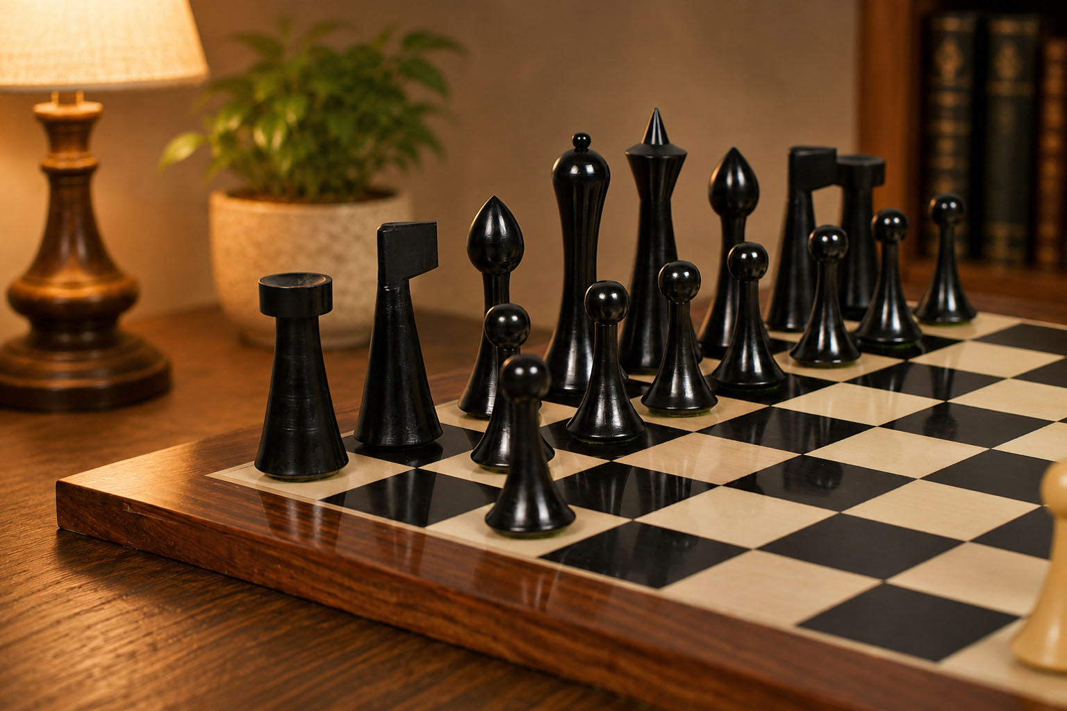 Hermann Ohme Minimalist chess set, ebonised and boxwood, hand carved in India