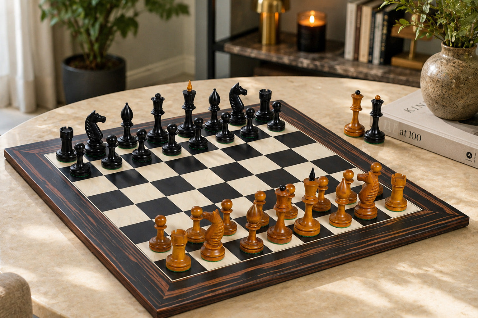 Sterling Chess Averbakh 1949 Moscow Championship chess set in ebonised and antiqued boxwood, 105mm king