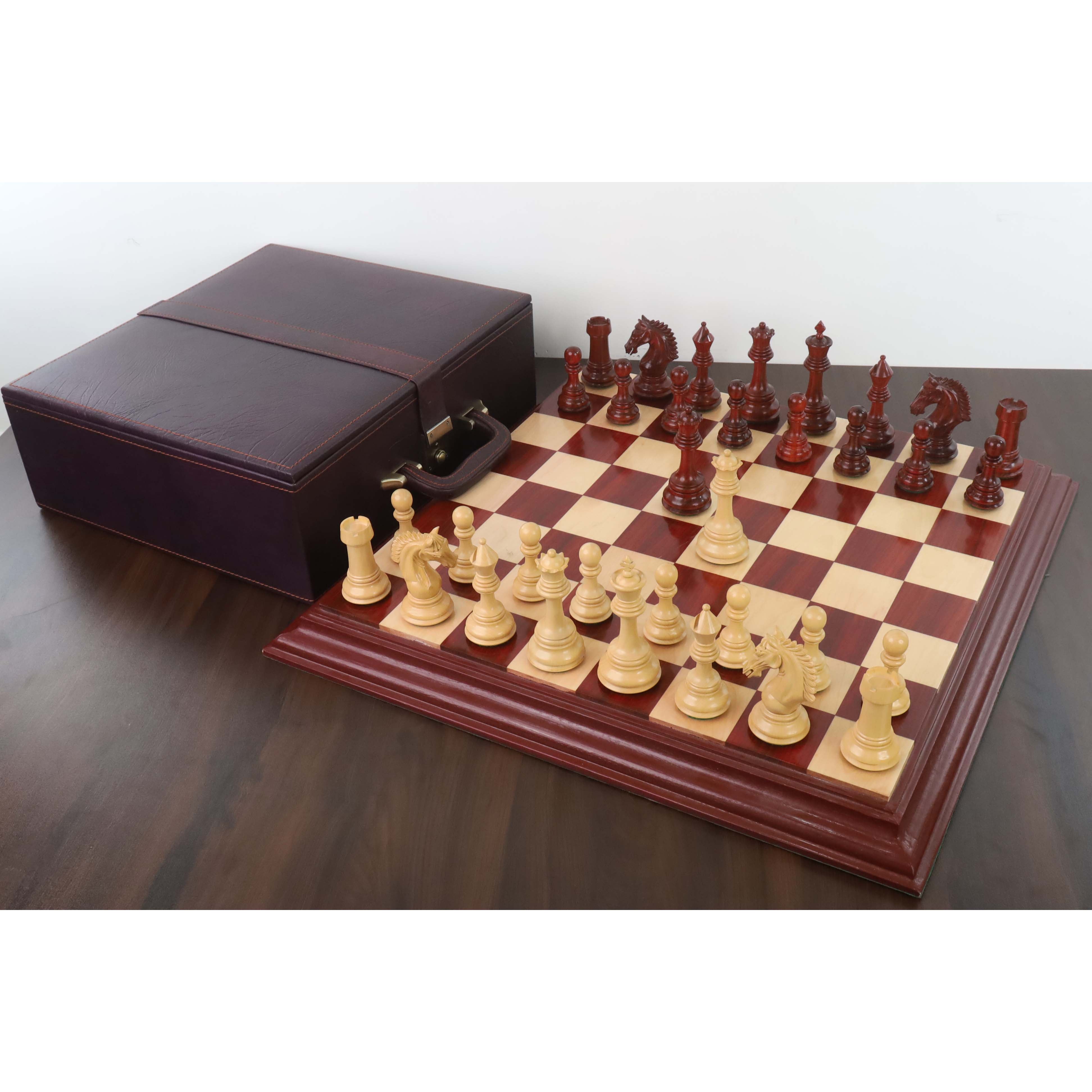 Tilted Knight Staunton chess pieces in bud rosewood, 109mm king
