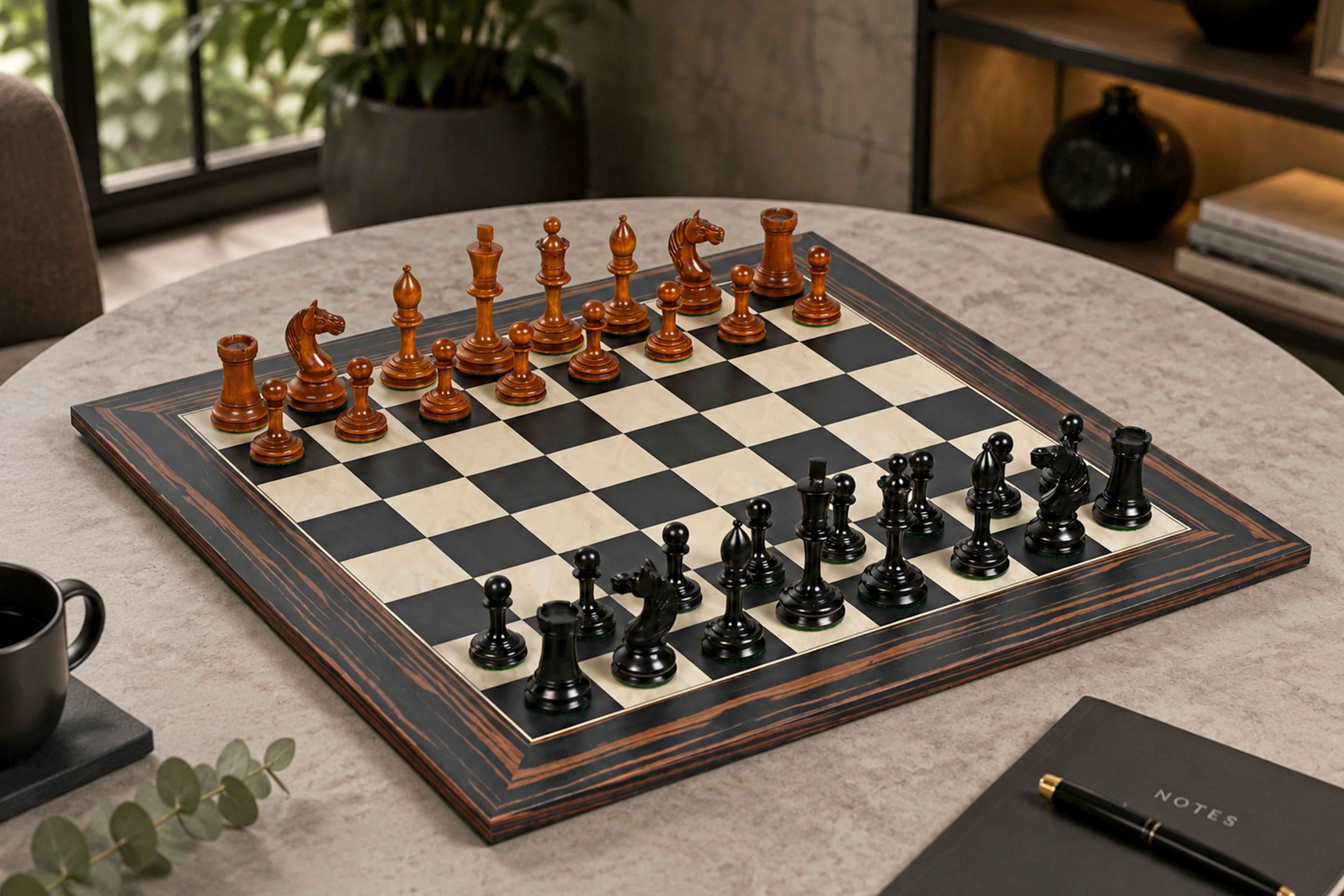 Sterling Chess 1933 Antonio Fabiano Botvinnik chess set in genuine ebony and antiqued boxwood, 98mm king