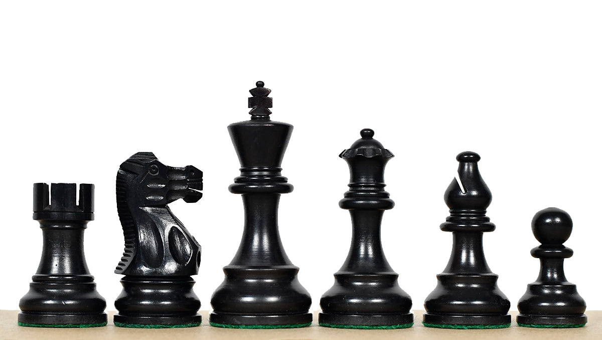 Smokey Staunton chess pieces, ebonised and natural boxwood, hand carved in India
