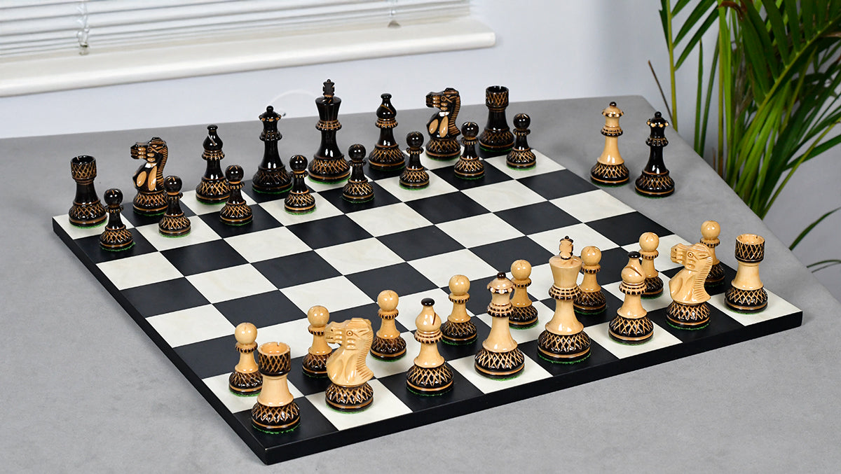 Knight carving detail on the Burnt Blazed Lacquered chess pieces in lacquered burnt boxwood and natural boxwood