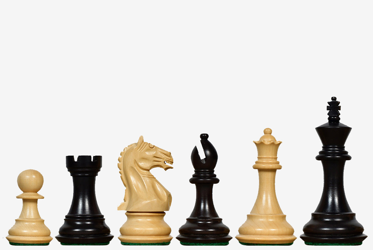 Sterling Chess Fierce Knight Staunton chess pieces in ebonised wood and boxwood, 89mm king
