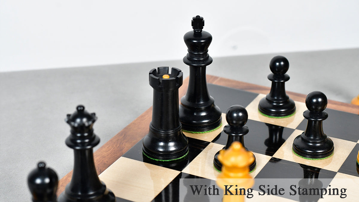 Full 34 piece Richard Whitty Antique chess pieces in genuine ebony and antiqued boxwood, Sterling Chess Australia
