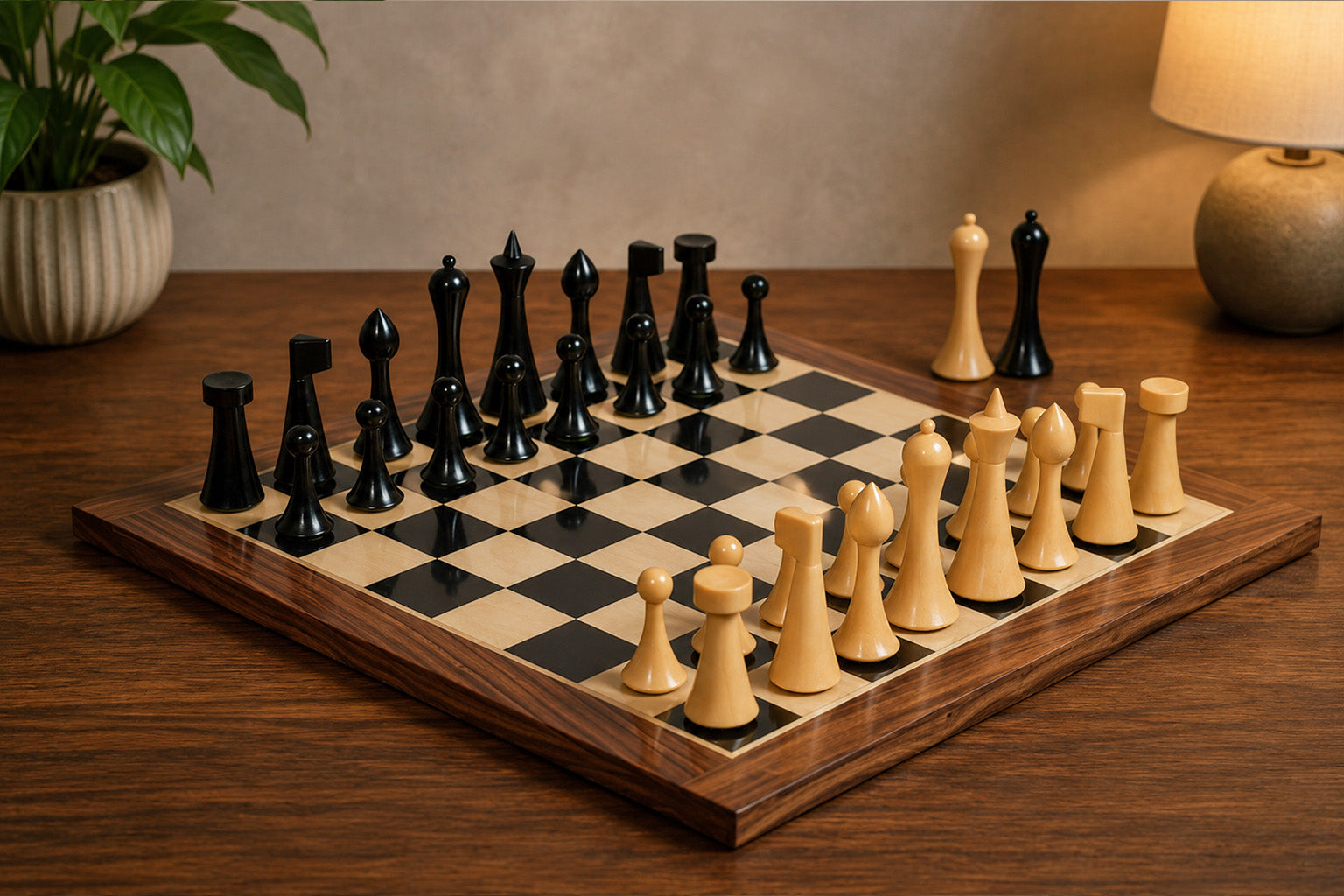 Sterling Chess Hermann Ohme Minimalist chess set in ebonised and boxwood, 95mm king