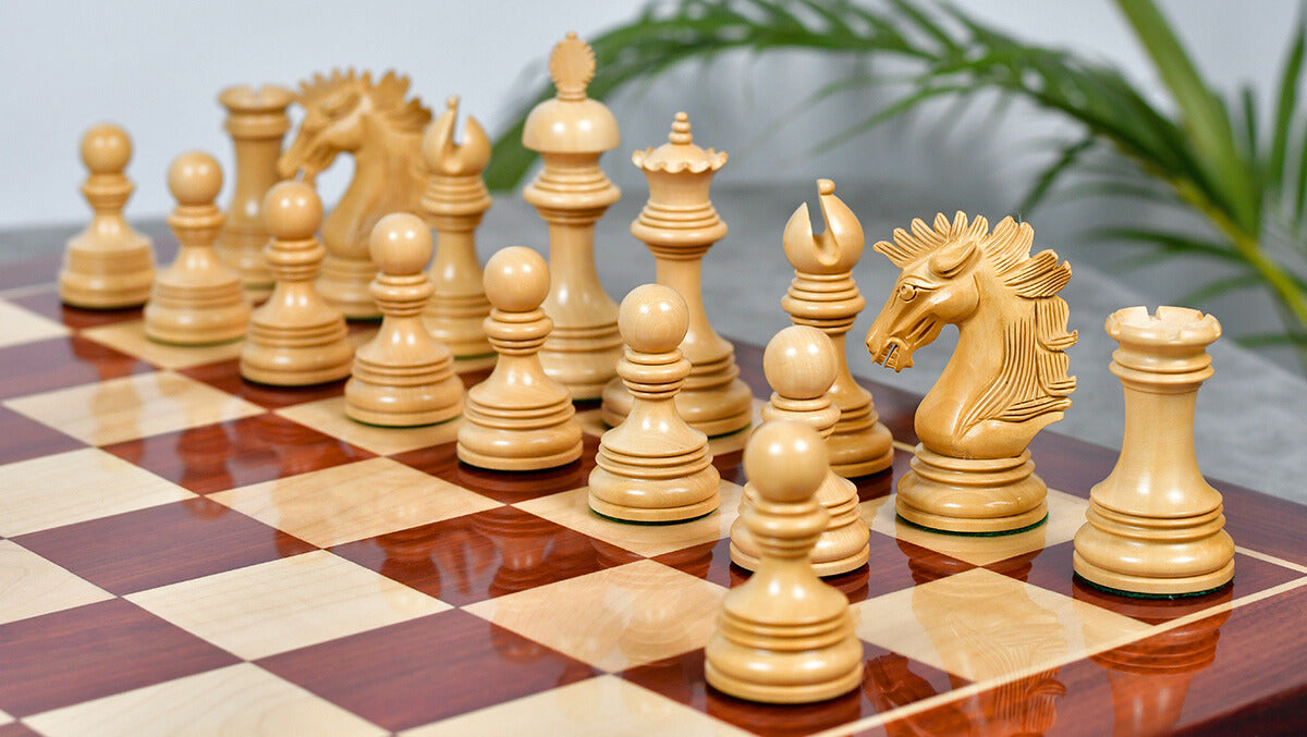 Full 34 piece Indian American Luxury chess pieces in bud rosewood and boxwood, Sterling Chess Australia