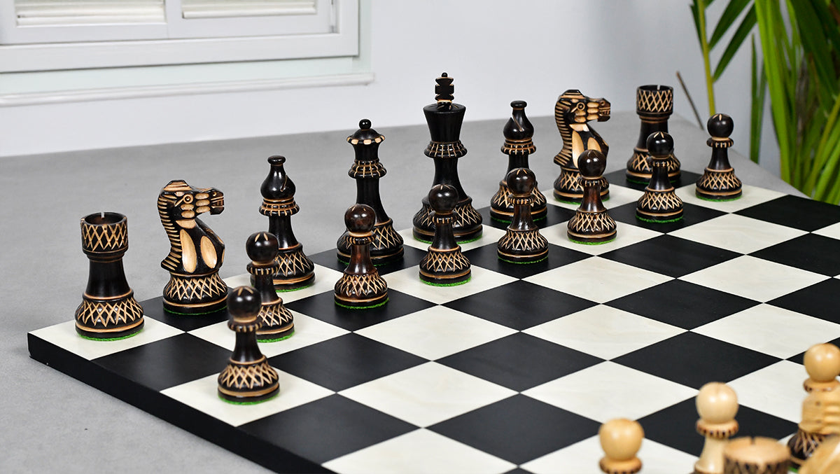 Burnt Blazed Series wooden chess pieces, 97mm king, Burnt boxwood finish