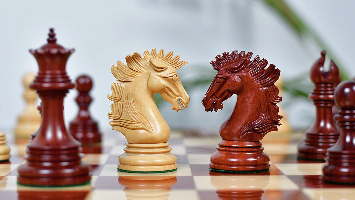 Knight carving detail on the Indian American Luxury chess pieces in bud rosewood and boxwood
