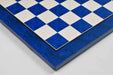 Blue burl tournament chess board photographed from above