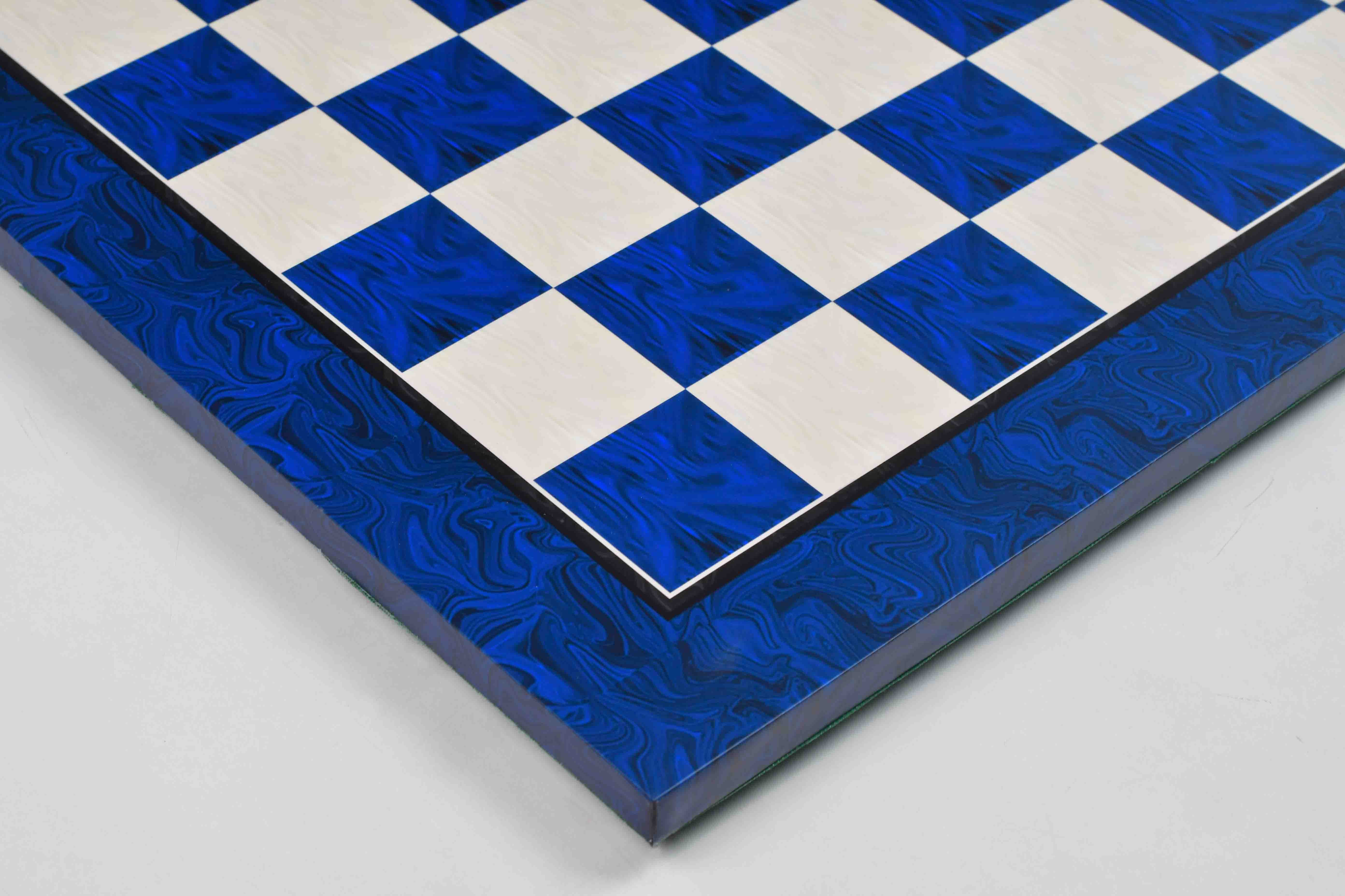Blue burl tournament chess board photographed from above
