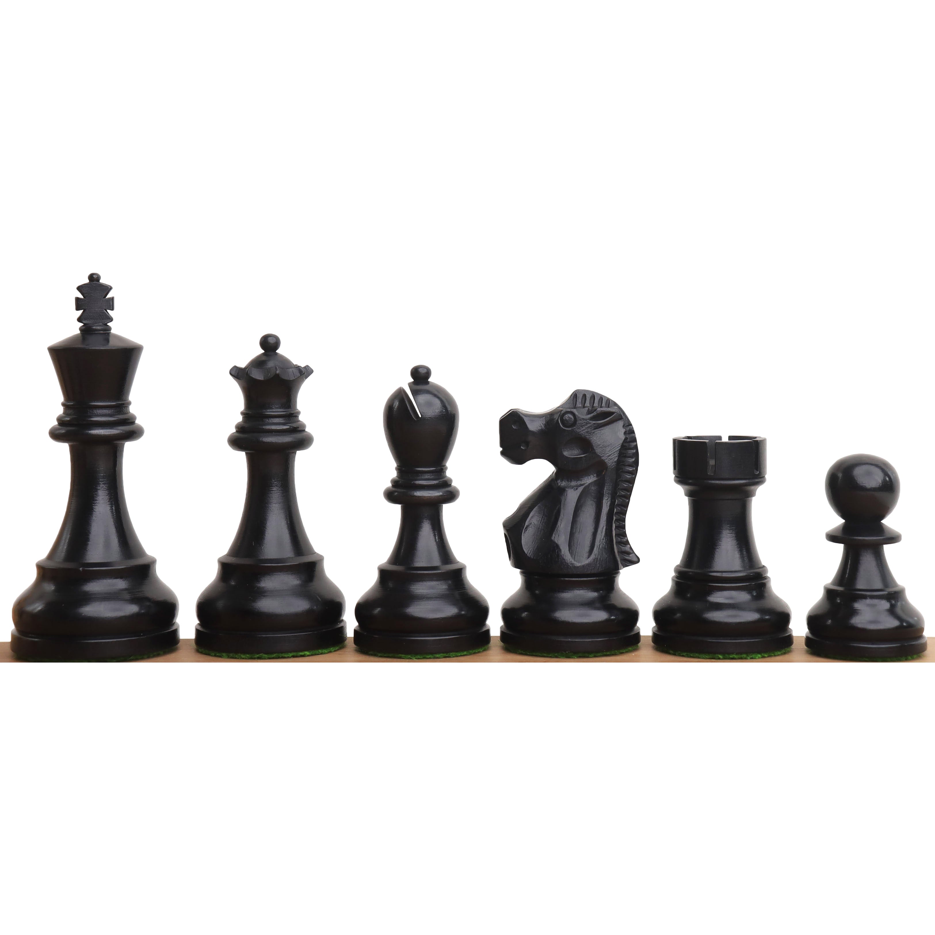 Ebonised boxwood Reykjavik Series Staunton chessmen seen from above