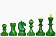 Soviet Era chess pieces, stained green ash burl and boxwood, hand carved in India