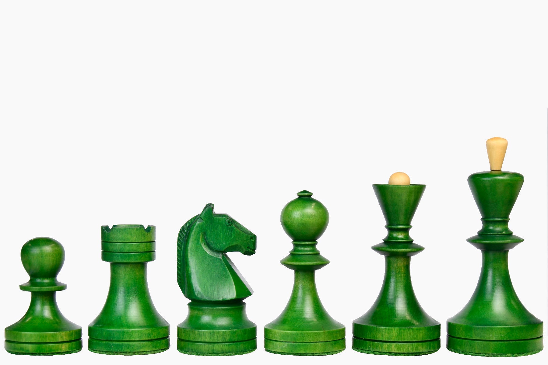 Soviet Era chess pieces, stained green ash burl and boxwood, hand carved in India
