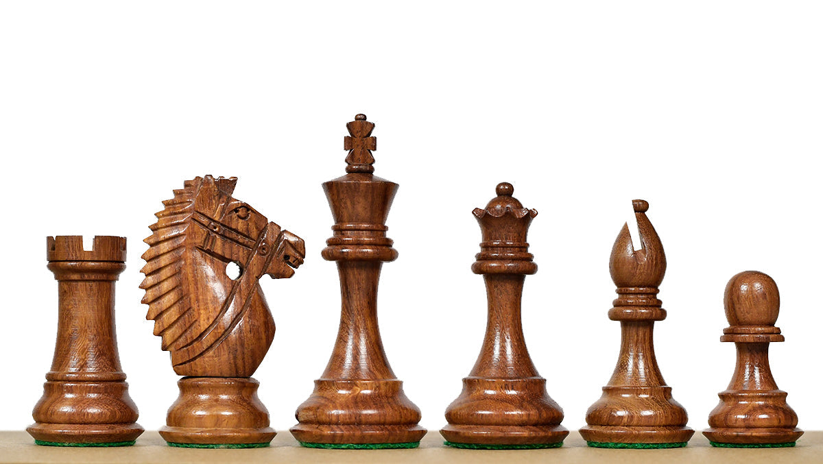 Bridle Knight Series chess pieces, sheesham and boxwood, hand carved in India