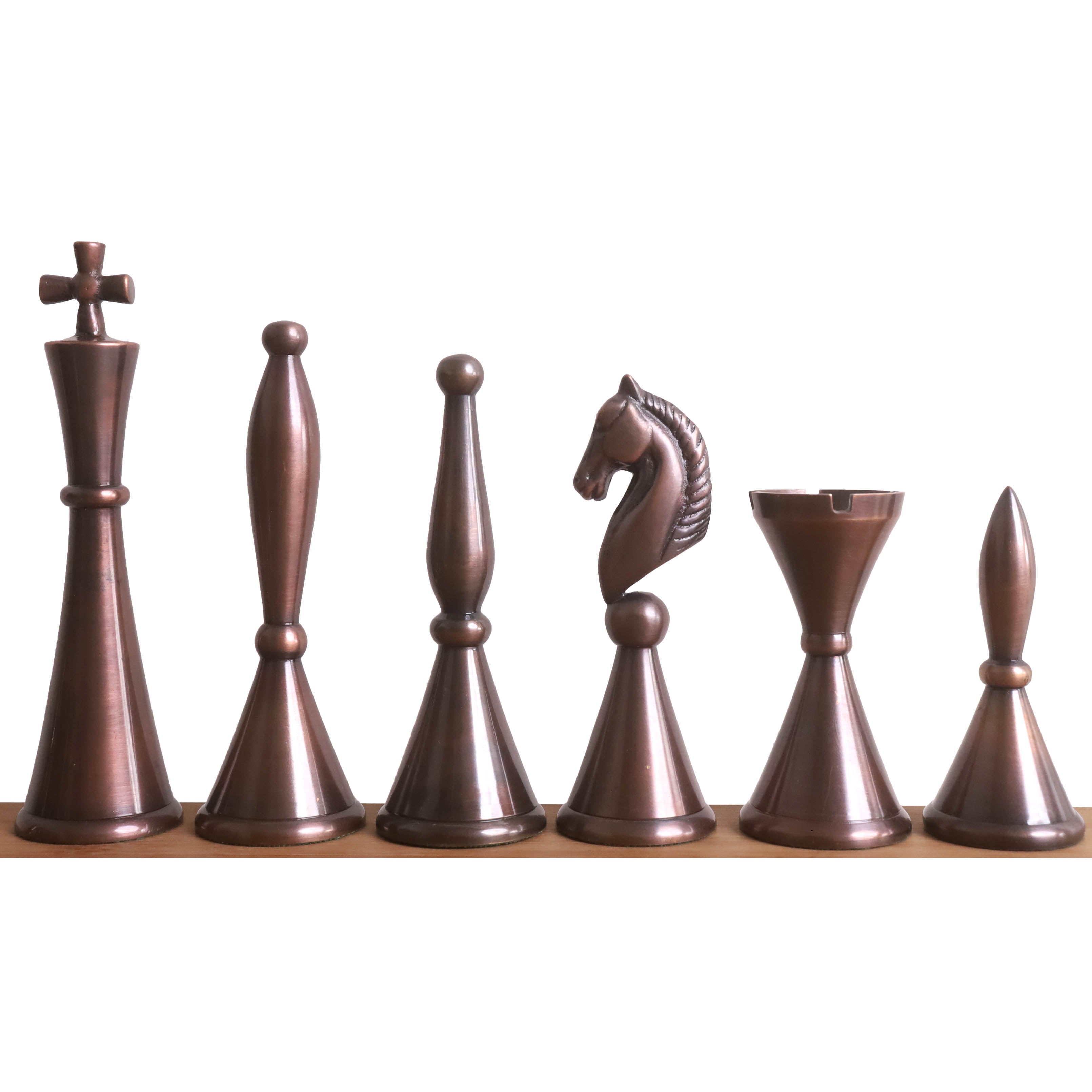 34 piece antiqued copper and metallic silver chessmen set