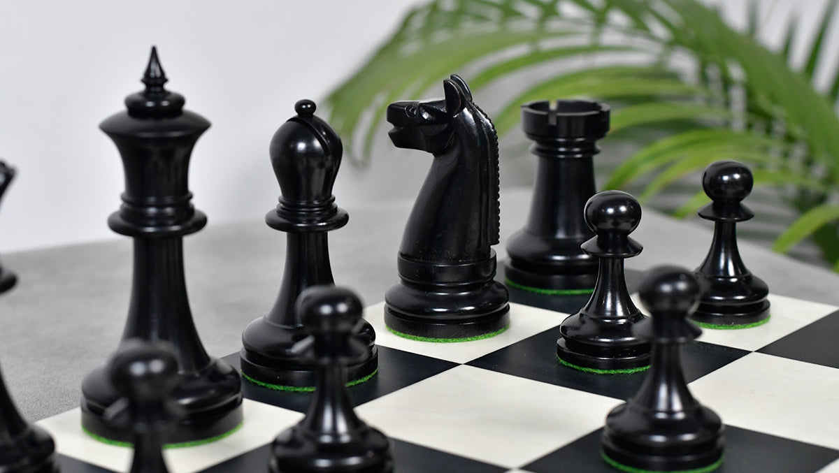 1904 American Chess Co. chess pieces, ebony and natural boxwood, hand carved in India
