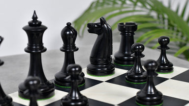 1904 American Chess Co. chess pieces, ebony and natural boxwood, hand carved in India