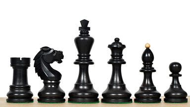1950s Bohemia German chess pieces, ebonised and natural boxwood, hand carved in India