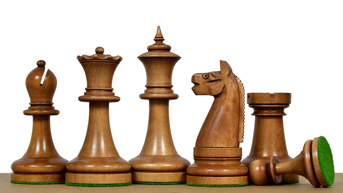 1904 American Chess Co. chess pieces, ebonised and antique boxwood, hand carved in India